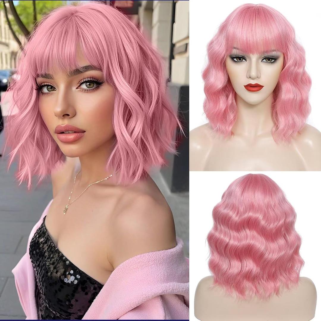 WSTAR Pink Bob Wavy Wig with Bangs - 14inch Short Bob Wavy Pink Wigs for Women, Shoulder Length Synthetic Hair with Bangs,Colorful Curly Wigs for Halloween Costumes Cosplay Daily