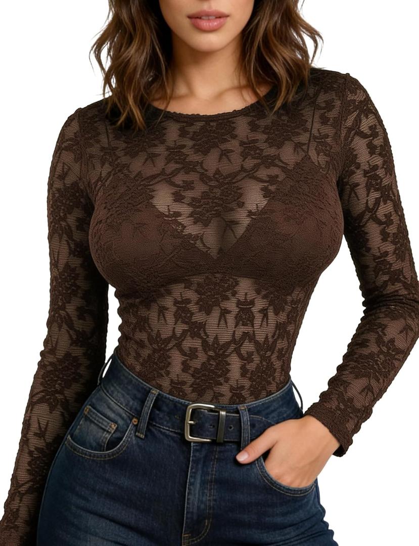 Buauty Women's Floral Lace Long Sleeve Tops Sheer Mesh See Through Blouse Sexy Fitted Club Party Outfits, Size XXL