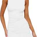 HOCILLE Women's Sexy Bodycon Boat Neck Mini Dresses Sleeveless Ruched Ruffle Hem Club Party Short Dress, M