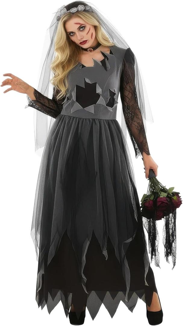 fun shack Adult Corpse Bride Costume Zombie, Halloween Costumes For Women, womens zombie costume, Dead Bride outfit (Large)