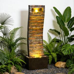 Curved Waterfall Fountain with LED Lights, Tall Indoor Outdoor Floor Water Feature, Modern Resin Cascade Fountain for Patio, Backyard, Porch & Home Decor, 38.6 Inch