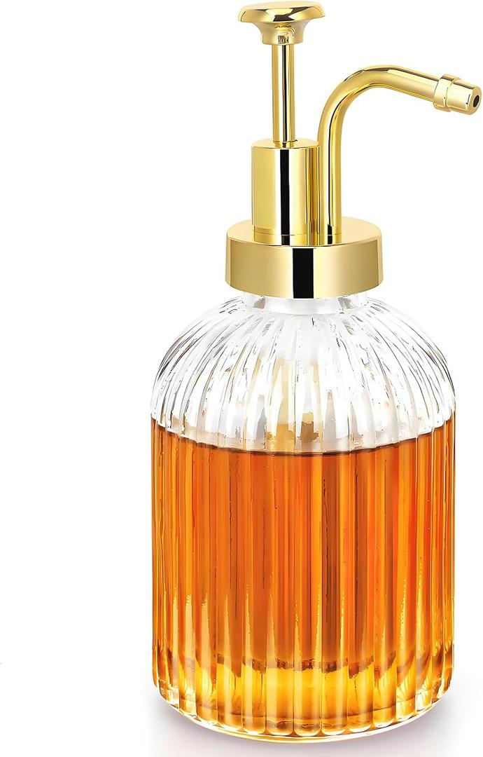 TIWPAJS Glass Coffee Syrup Dispenser 10oz, Syrup Bottles with Ribbed Design, Gold Syrup Pump, Coffee Bar Accessories, Honey Dispenser