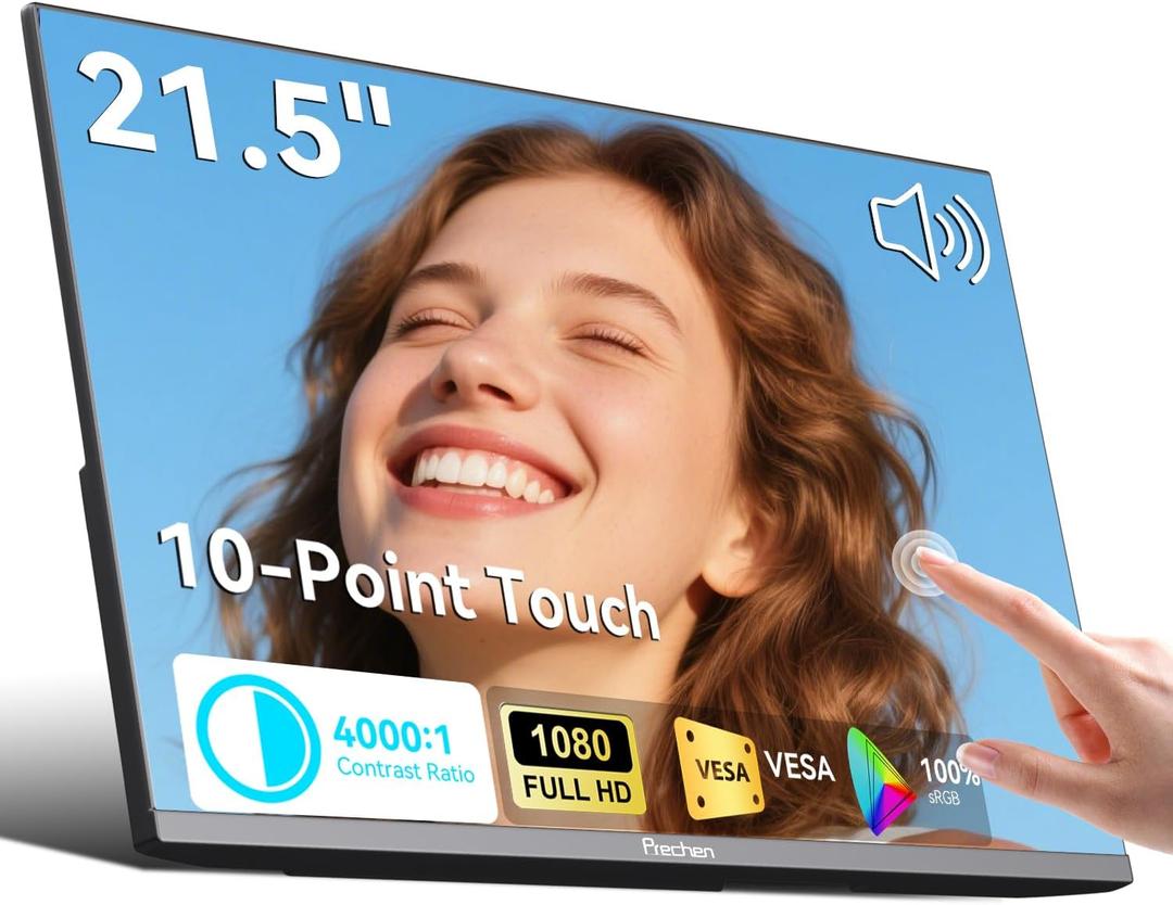 Prechen 21.5 Inch Portable Touchscreen Monitor, 1080P Computer Touch Screen w/VESA Stand Touch PC Display, 75Hz, Multi-Touch Monitor, DC HDMI & USBC for Phones PC Phone Business,Black
