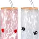 Set of 2 Valentine's Day Cute Glass Can Cup with Lid and Straw Heart XO Pink and White Aesthetic Icon Juice Glass Iced Coffee Cups Tumbler Gift for Girlfriend Wife Best Friend Lover