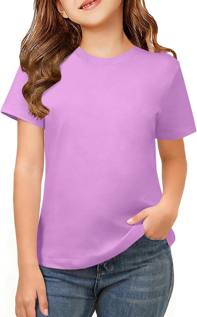 ZDC Girls Short Sleeve Shirts Crewneck T Shirts Kids Summer Tops Basic Tees 5-14 Years (Purple)