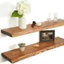 36 Inch Live Edge Floating Shelves for Wall Set of 2, Solid Finnish Spruce Natural Wood Floating Shelves, Thick Rustic Edge Shelves for Bathroom, Kitchen, Living Room Decor, Brown Finish, Live Edge, 36"L, 2Packs