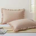 KKJIAF 2 Pcs Plaid Ruffle Pillow Case Standard Size, Cotton Gingham Ruffled Euro Sham Pillow Covers 20x26 Inch, Linen Feel Plaid Bed Pillow Shams with Envelope Closure for Sofa Bed (Light Pink Plaid)