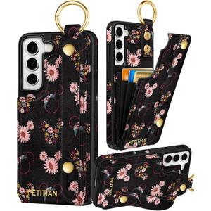 Petitian for Samsung Galaxy S22 Case with Wallet - Women Girls Cute Girly Aesthetic Unique Design Leather Credit Card Holder Cardholder Stand Wristband for S22, Miqi