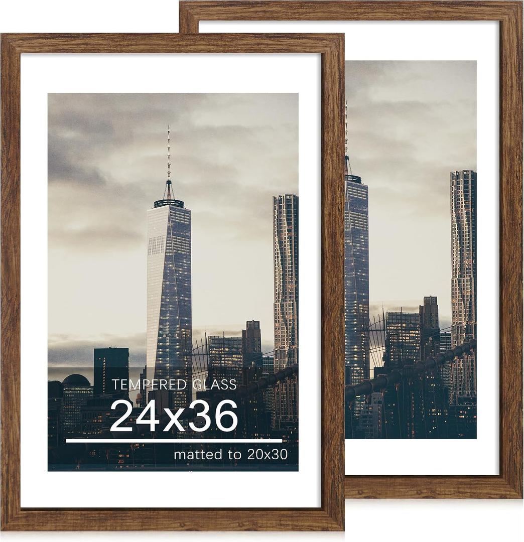 24x36 Poster Frame Set of 2, 24 x 36 Wood Picture Frames with Mat for 20x30, Wooden Photo Frame with Tempered Glass Cover for Wall Mounting Display, Rustic Brown, 24x36-2Pack