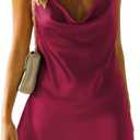 Women's Satin Mini Dress Spaghetti Strap Sleeveless Cowl Neck Tie Waist Silky Cocktail Party Short Dresses (Red, S)