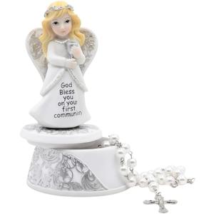 Comfy Hour First Communion Angel Figurine Keepsake Box with Cross Necklace, Christian Catholic Prayer with Chalice, Artisan Crafted Resin Religious Statue for Baptism & Holy Communion