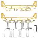 AUHOKY Adjustable Wine Glass Holder Under Shelf, Nail Free Metal Stemware Holder Storage Hanger, Hanging Wine Glasses Rack Organizer Under Cabinet Mount for Bar Kitchen (4 Rows, Gold)