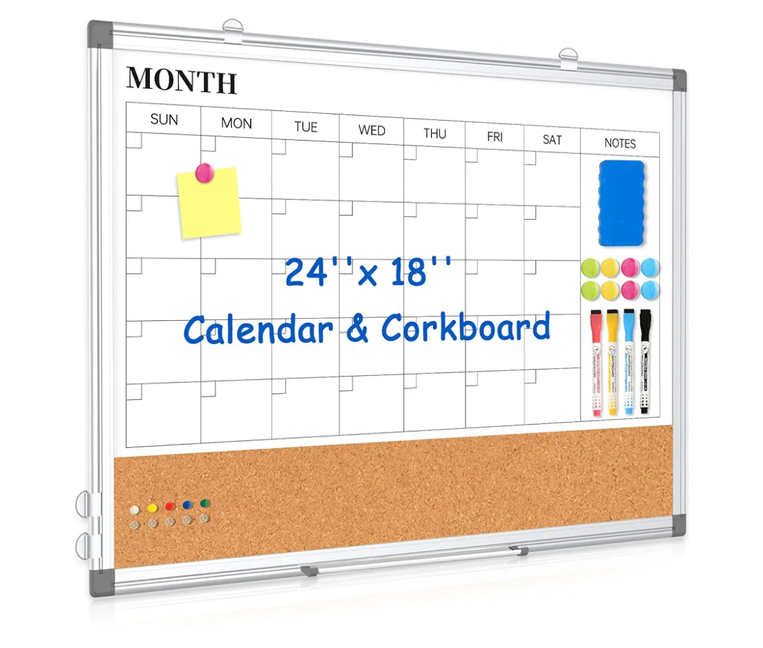 Monthly Calendar Whiteboard Dry Erase Cork Board Combo for Wall, 24" x 18" Double-Sided Calendar White Board and Bulletin Board, Portable Board for Office, Kitchen, School, Home