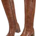 ISNOM Knee High Boots Women Chunky Low Heel Square Toe Elastic Boots Side Zipper Faux Leather Fall Long Tall Boot (6, A-reddish Brown)