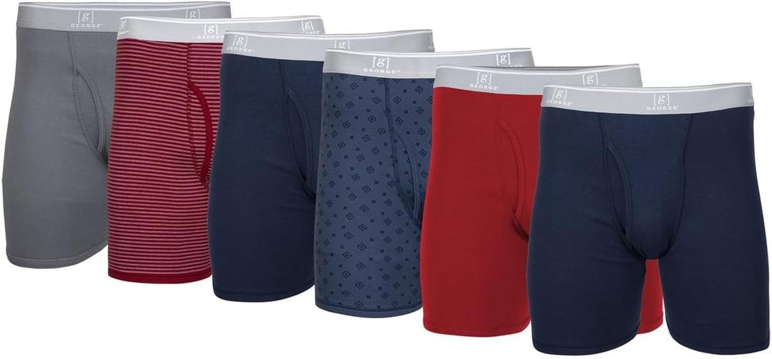 George Men's Moisture Wicking Regular Leg Boxer Briefs, 6-Pack (Grey/Stripesred/Blue/Diamond/Red) Size XL