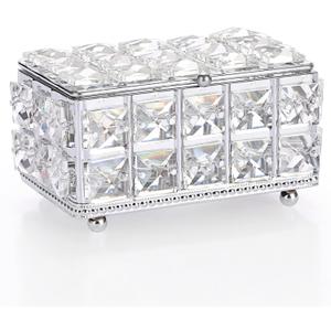 ELLDOO Crystal Jewelry Box Rectangle Trinket Organizer with Lid Earrings Rings Vintage Treasure Keepsake Box for Valentine Wedding Dresser Bedroom Decoration, Silver (Large)