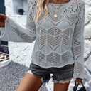 Allimy Womens Fashion Long Sleeve Hollow Out Crochet Crewneck Pointelle Knitted Top Blouses Pullovers Light Grey XXL (Gray, XXL)