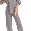 SHEWIN Women's 2 Piece Outfits Waffle Knit Lounge Sets Casual Short Sleeve Button Down Sleepwear Pajamas Set (Grey) S 