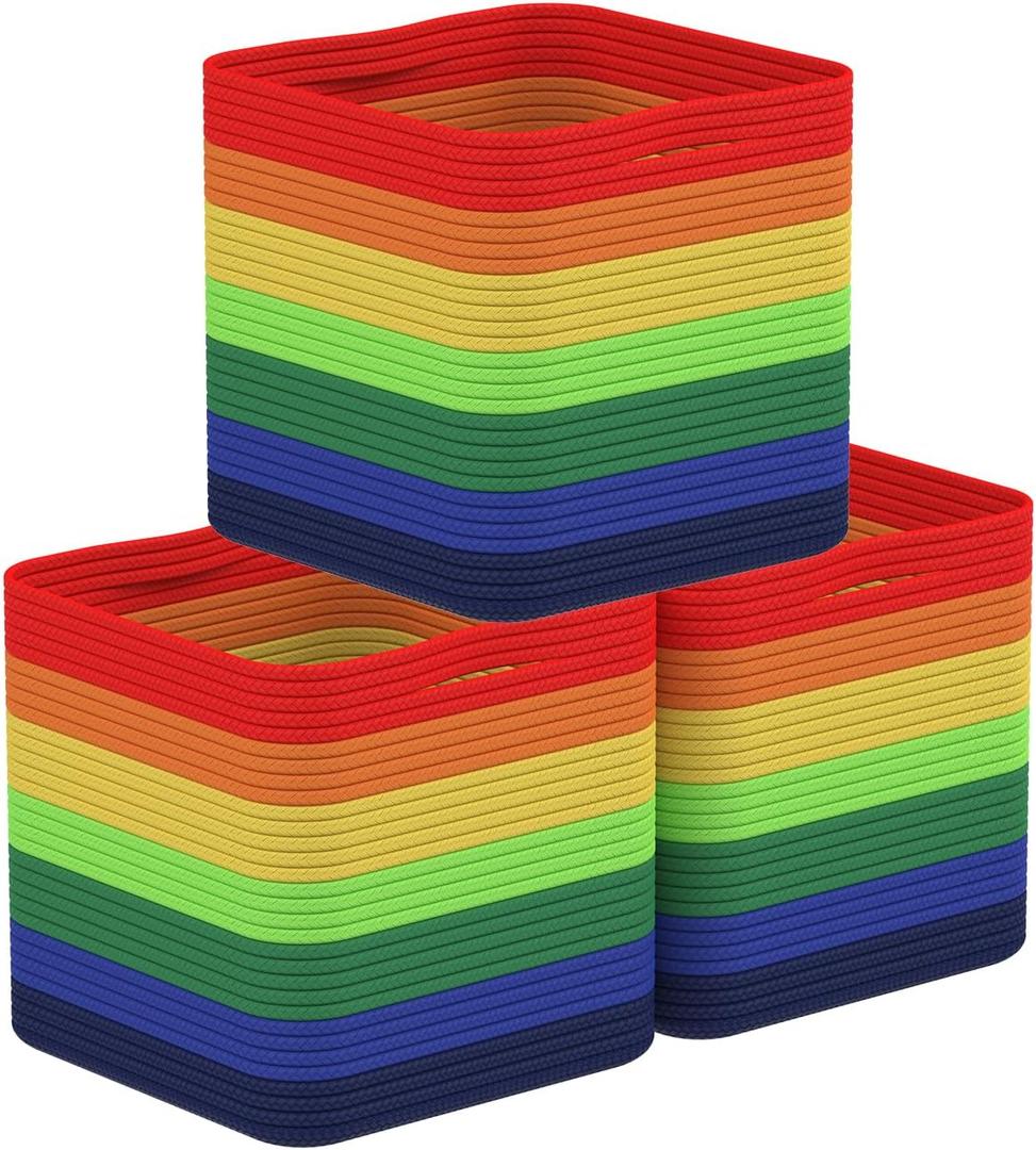 Storage Cotton Cubes 11 Inch, Woven Cotton Rope Storage Baskets for Toys Blanket Organizing, Storage Bins Decorative Organizer with Handles for Living Room Laundry Room Closet (3 Pack, Rainbow)