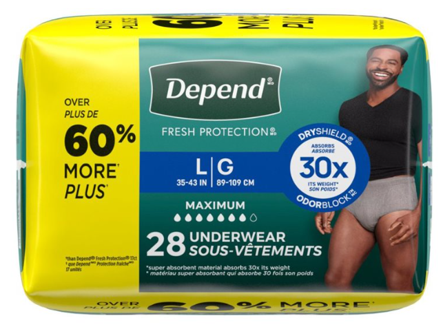 Depend Fresh Protection Adult Diapers, Incontinence Underwear for Men, Disposable, Maximum, Large, Grey, 28 Count