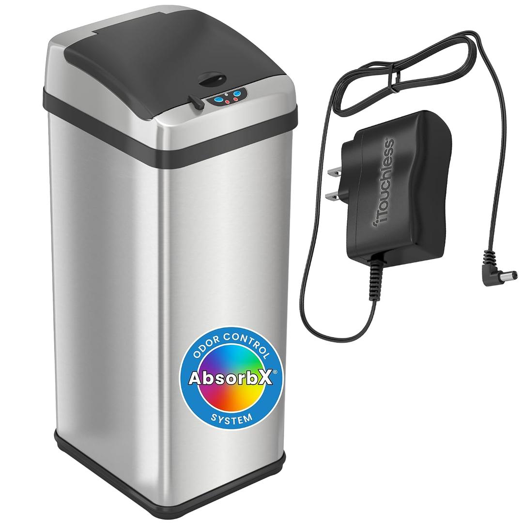 iTouchless 13 Gallon Sensor Kitchen Trash Can with Lid and AC Adapter, Odor Filter, Platinum Limited Edition Garbage Bin Trashcan for Home Office Office Bedroom Living Room Garage Slim Waste Basket