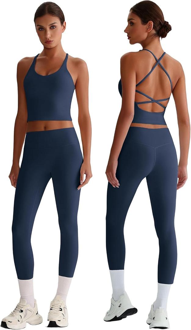 Women 2 Piece Workout Sets Halter Tank Top Wide Leg Leggings (Blue)