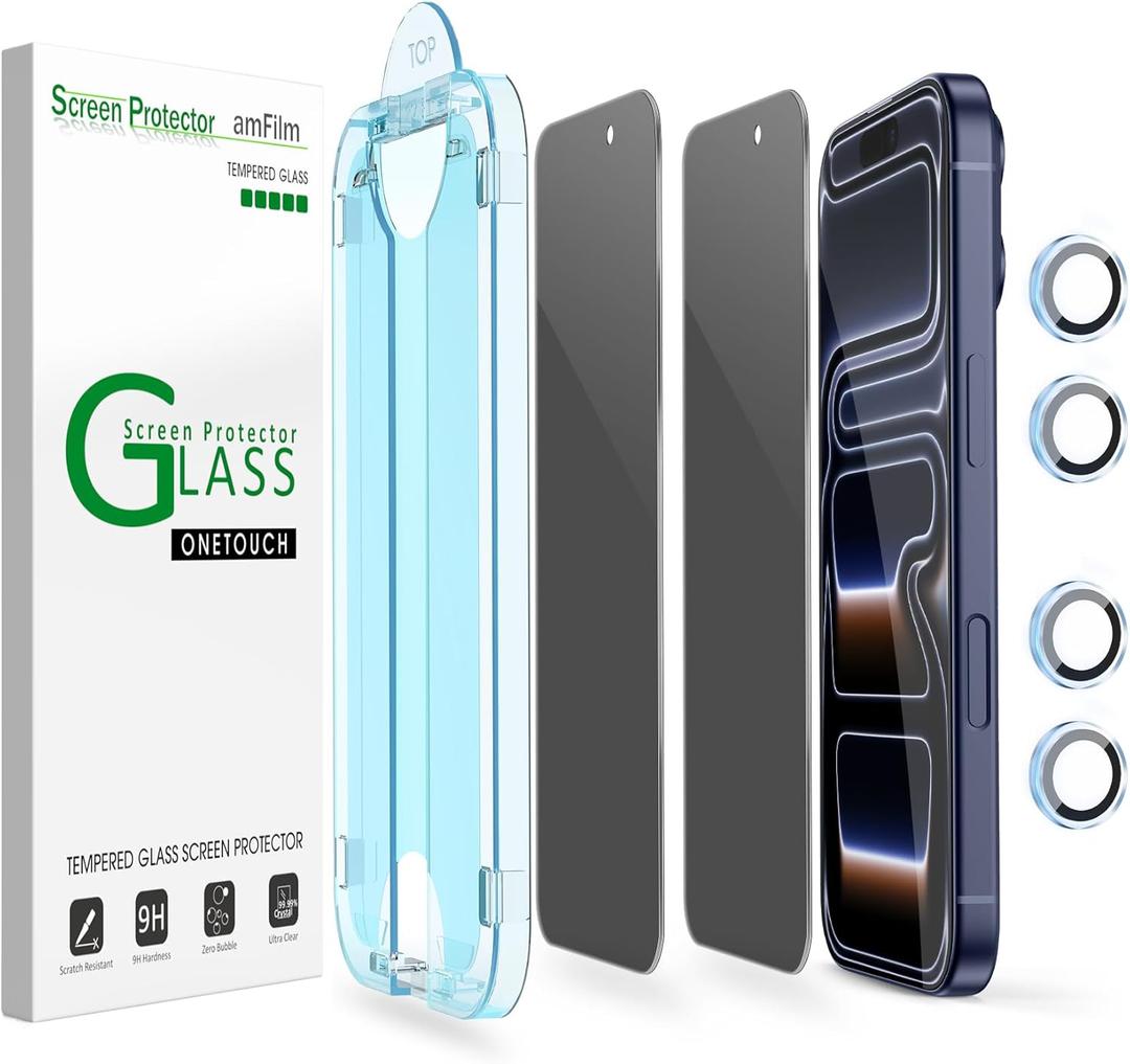 amFilm OneTouch Privacy Screen Protector for iPhone 17 Pro Max + Camera Lens Protector | AutoAlignment install | Bubble Free | 9H Tempered Glass | Shatterproof | Anti Privacy | Case Friendly 2+4 Pack