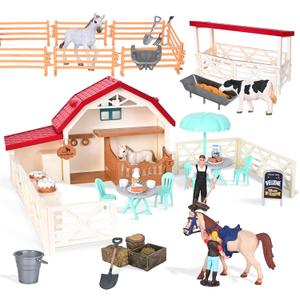 Horse Club Riding Arena 71-Piece, Horse Stable Toys Playset, Farmmer Figures,Farm Animal Figurine, Coffee Shop, Barn with Fence Toys for 3-7 Years Old Kids Boys Girls Toddlers