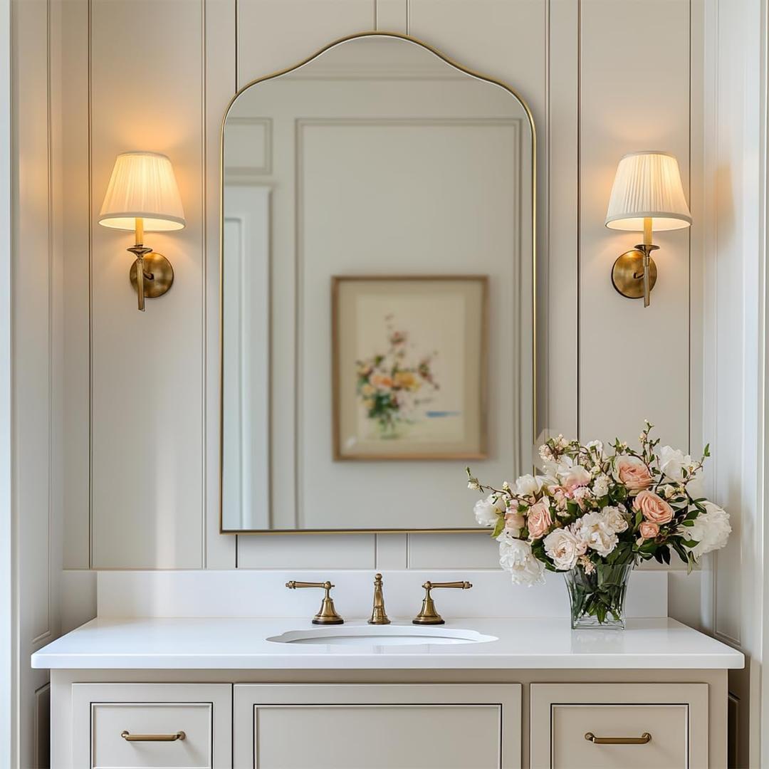 ANDY STAR Brass Scalloped Arched Wall Mirror, 24x38 Brushed Gold Irregular Bathroom Mirror with Curved Design for Vanity, Powder Room, Fireplace, Mantel, Stainless Steel Frame, Rustproof