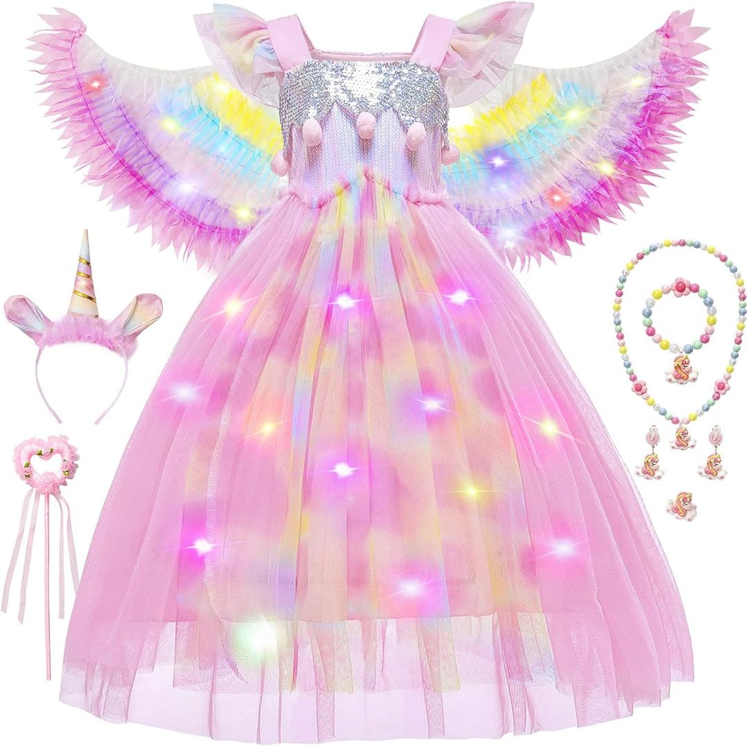 Latocos Girls Unicorn Dress Costume Toddler Light Up Princess Dress Up Clothes Unicorn Toys Halloween Birthday Gifts (120(5-6Y))