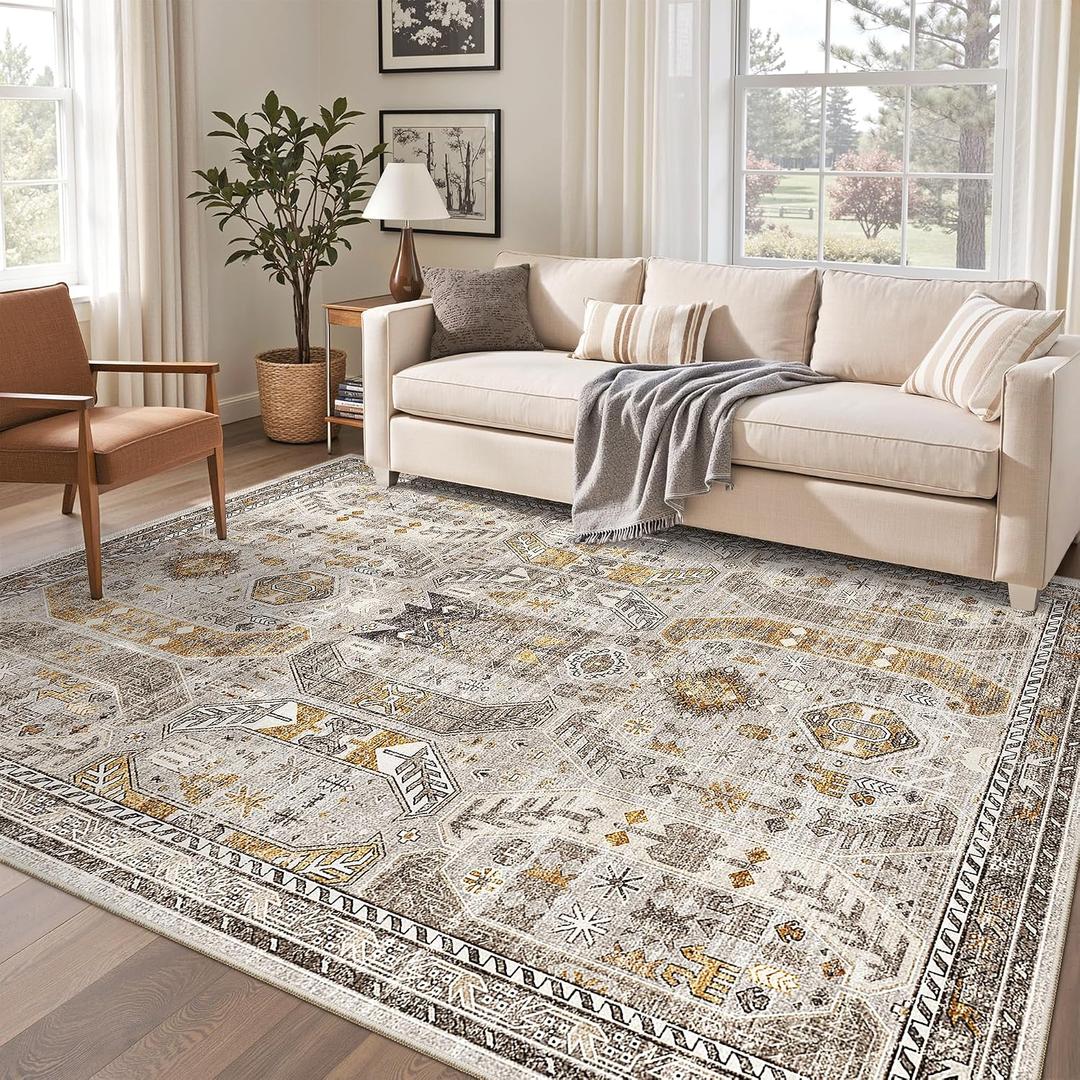 Madane 6x9 Area Rugs for Living Room, Stain Resistant Washable Rugs, Non-Slip Backing Area Rug, Vintage Home Decor Rug for Bedroom (Brown/Gold, 6'x9')