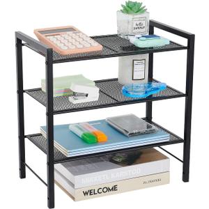 Desktop Shelf Organizer, 3-Tier Office Storage Rack, Adjustable Metal Bookshelf for Top of Desk, Desk Organizer for Office, Home, Dorm and Small Spaces (Black)