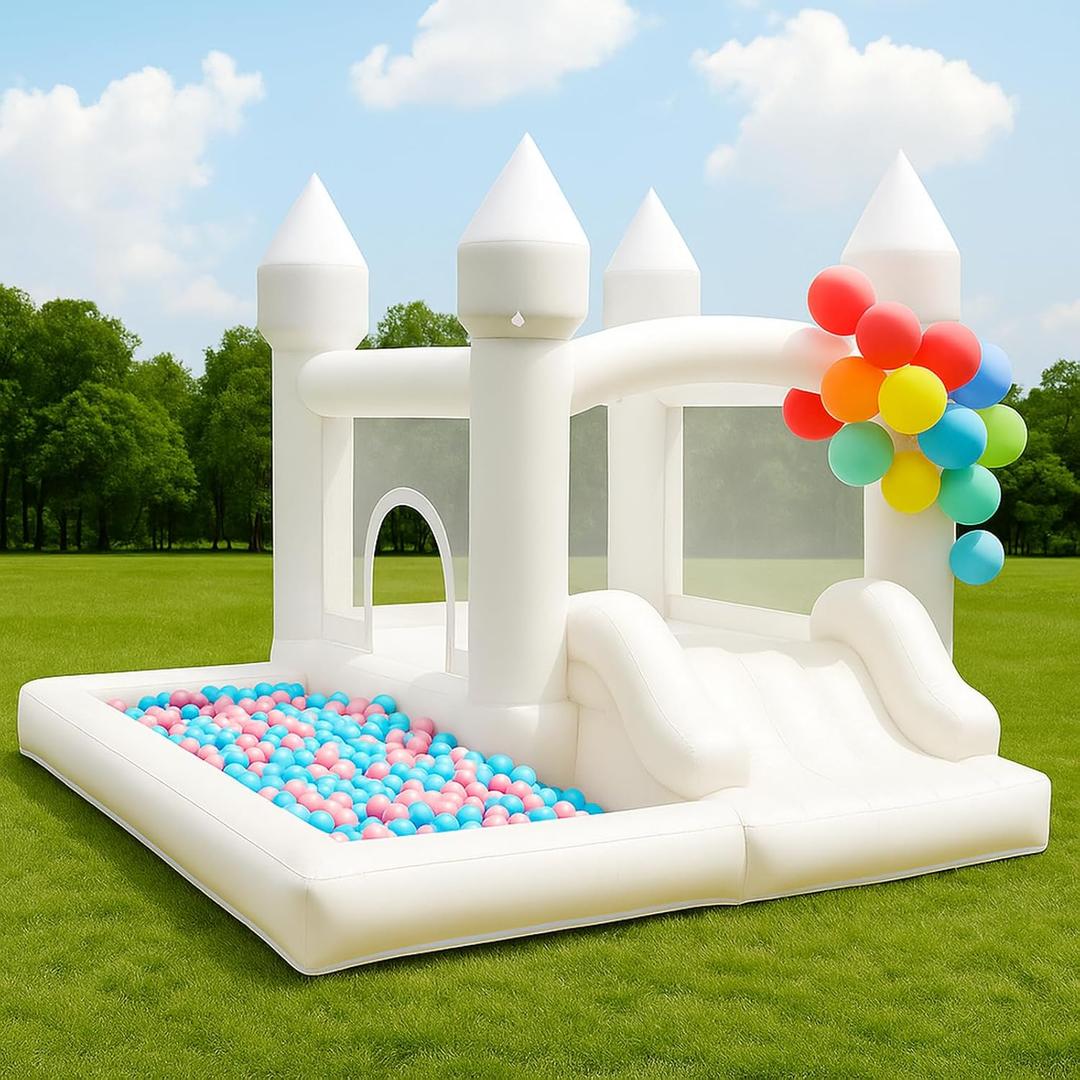 White Bounce House with Blower, 9x9x7FT Inflatable Castle with Slide & Ball Pit, Wedding Party Decoration & Kids Indoor Outdoor Jumping House