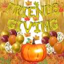 Friendsgiving Decorations 147PCS Friends Giving Party Decorations With Friendsgiving Balloon Artificial Maple Leaves Gold Foil Curtain Pumpkin Balloon For Thanksgiving Home Office Party