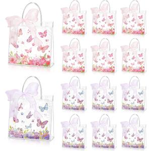 Hosuly 24 Pcs Butterfly Gift Bags with Ribbon, Clear PVC Spring Butterfly Treat Bags with Handles, Reusable Pink Purple Transparent Favor Bag for Wedding, Baby Shower, Birthday, Theme Party