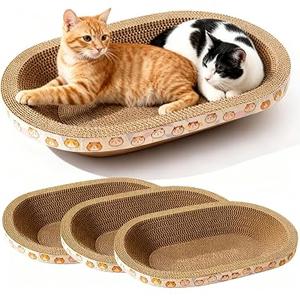 Spindro 3 Pack Large Cat Scratcher Cardboard, Oval Cat Scratcher Bed Cat Scratch Pad Board Lounge Couch for Indoor Cats Bowl Shaped Cat Scratching Post Nest for Cats Grinding Claw Furniture Protector