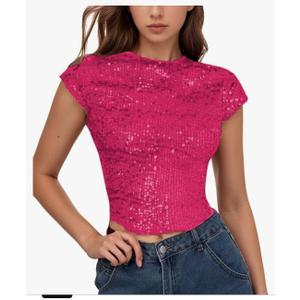 WDIRARA Women's Sequin Boat Neck Shirts Sparkle Glitter Backless Tee Cap Sleeve Crop Tops M