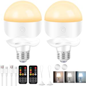 E26 Rechargeable Light Bulbs,Magnetic LED Portable Bulb with Remote and Timer, Battery Operated and Dimmable 3 Color Temperatures Backup Bulb for Sconces and Bedside Lamps Non-Hardwired Fixture,2 Pack