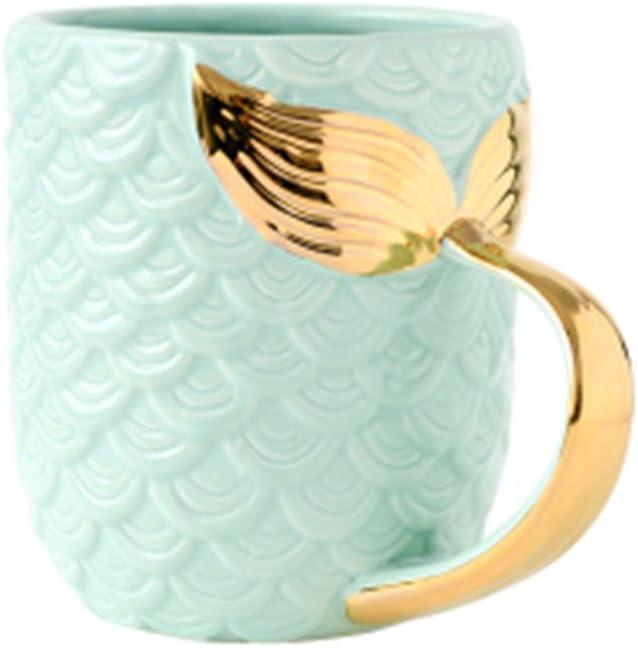 ZaH 15 oz Mermaid Mug Ceramic Coffee Mugs Big Cute Cups Cappuccino Teacup Birthday Bridal Shower Engagement Wedding Gifts Soup Mug for Men Women Kids Girls Boys (Gold Handle Blue Mermaid Tail) (Green)