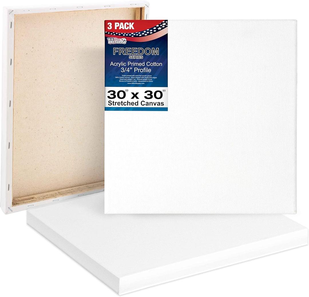 U.S. Art Supply 30 x 30 inch Stretched Canvas 12-Ounce Triple Primed, 3-Pack - Professional Artist Quality White Blank 3/4" Profile, 100% Cotton, Heavy-Weight Gesso - Acrylic Pouring, Oil Painting