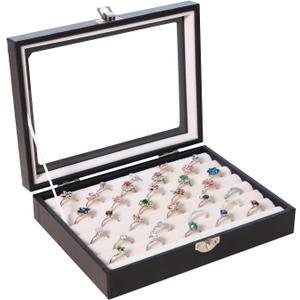 Stratalife Ring Holder Small Jewelry Box Display Case with Clear Lid Cute Ring Organizer Drawer Jewelry Storage Gift for Women Beige