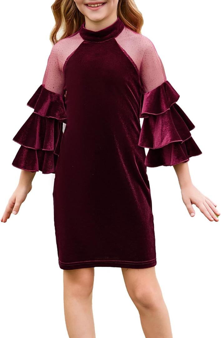 WDIRARA Girl's Velvet Mesh Layered Bell Sleeve Party Elegant 3/4 Sleeve Short Dress (Burgundy) , Brans Size: 9Y
