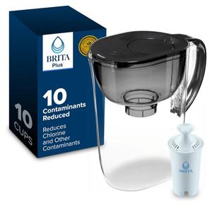 Brita Large 10-Cup Water Filter Pitcher with BritaPlus Filter, WQA NSF/ANSI Certified, Reduces 2X Contaminants vs. Standard, Removes Chlorine Taste & Odor, Reduces Zinc Copper Mercury & More, Black