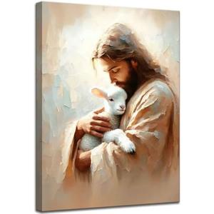 Jesus and Lamb Canvas Wall Art Jesus Saves the lost lamb Wall Decor Pictures Christian Lamb of God Painting Posters Prints for Dining Living Room Kitchen Wall Bedroom Decoration 16x24