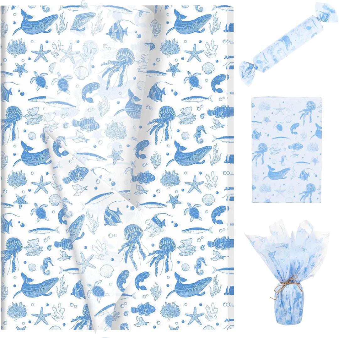 100 Sheets Ocean Tissue Paper with Blue Sea Animals  Whale Jellyfish Turtle Coral Pattern Gift Wrapping Tissue for Birthday, Baby Shower, Party Decorations, Crafts & Packaging - 20"  14"