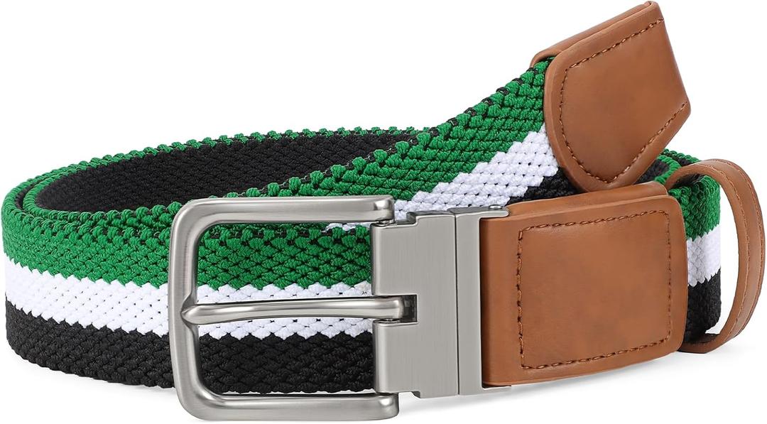 SANSTHS Reversible Braided Belt for Men and Women, Elastic Stretch Woven Golf Belts for Men, Casual Jeans Sports Work 1 3/8" (Green/White/Black)