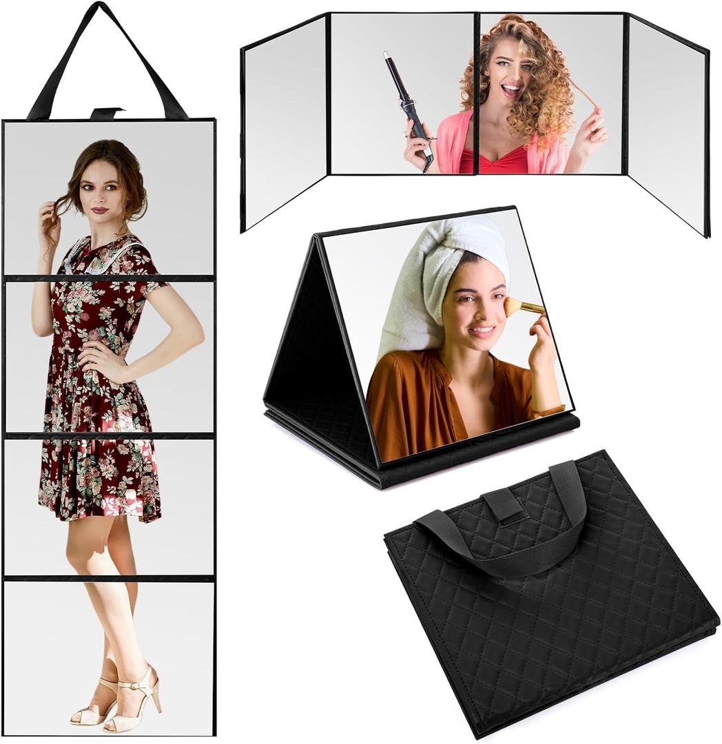 3 Way Foldable Full Length Mirror with Handle Leather 31.89 x 11.22 Inches Portable Hanging Travel Mirror Rectangular for Makeup Dance Home Fitness Spa Hair Styling (Black)