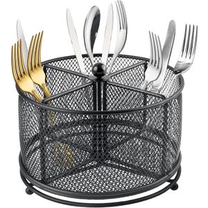 360 Rotating Metal Utensil Caddy - 4 Compartment Silverware Cutlery Holder Rotation Fork Spoon Napkin Organizer Flatware Storage Basket Party Countertop Buffet Picnic Camping Outdoor Black