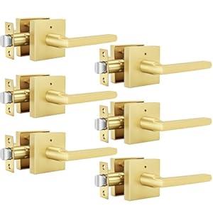 Goldenwarm Gold Door Handles Interior Privacy, Brushed Gold Door Handles, Square Door Levers Interior for Bathroom Bedroom (6 Pack)