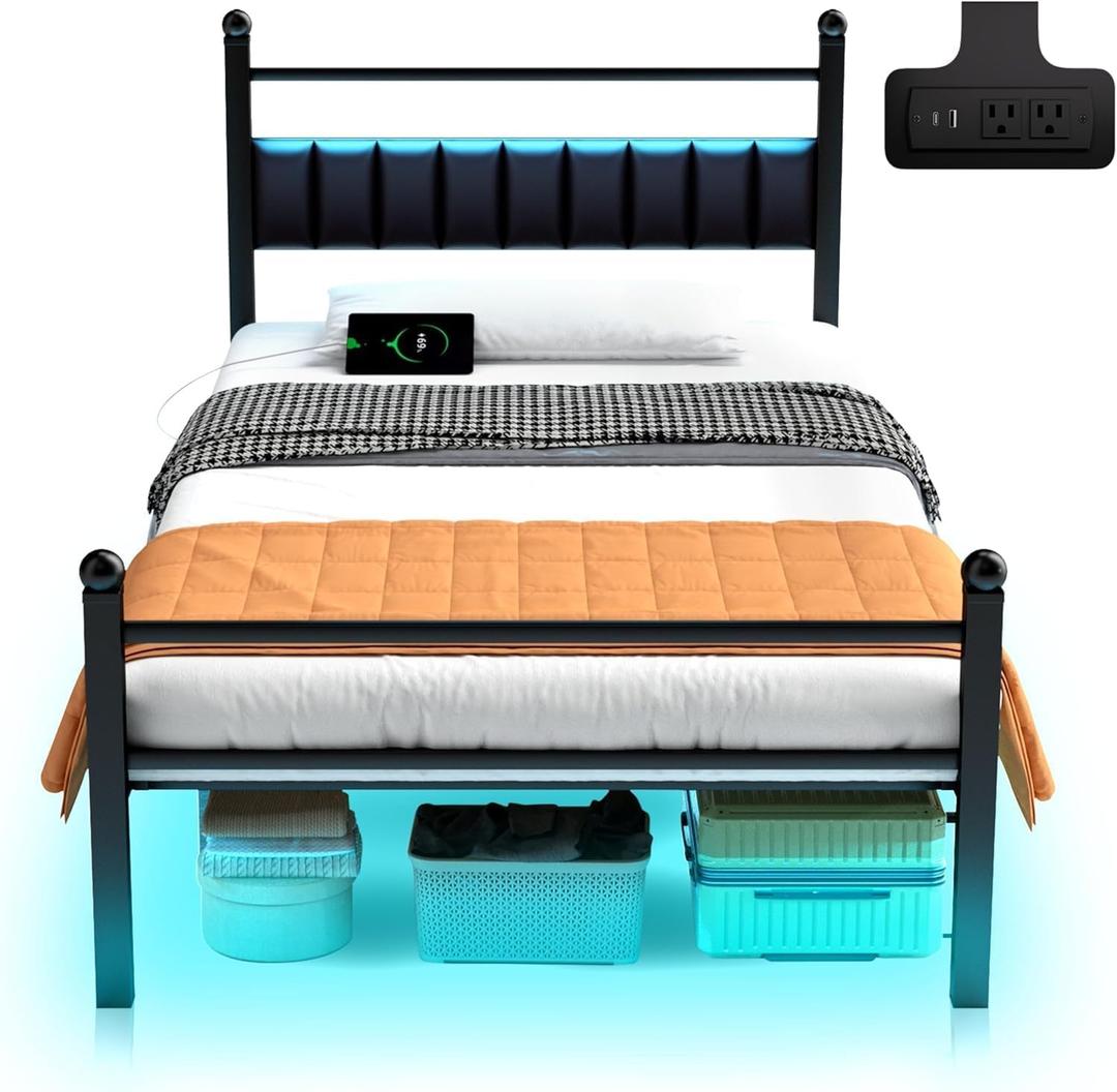 Twin Bed Frames with LED Lights & Charging Station - Metal Platform Bed Frame with Under Bed Storage - Heavy Duty Steel Slats/Upholstered Headboard/Noise-Free/No Box Spring Needed/Easy Assembly/Black